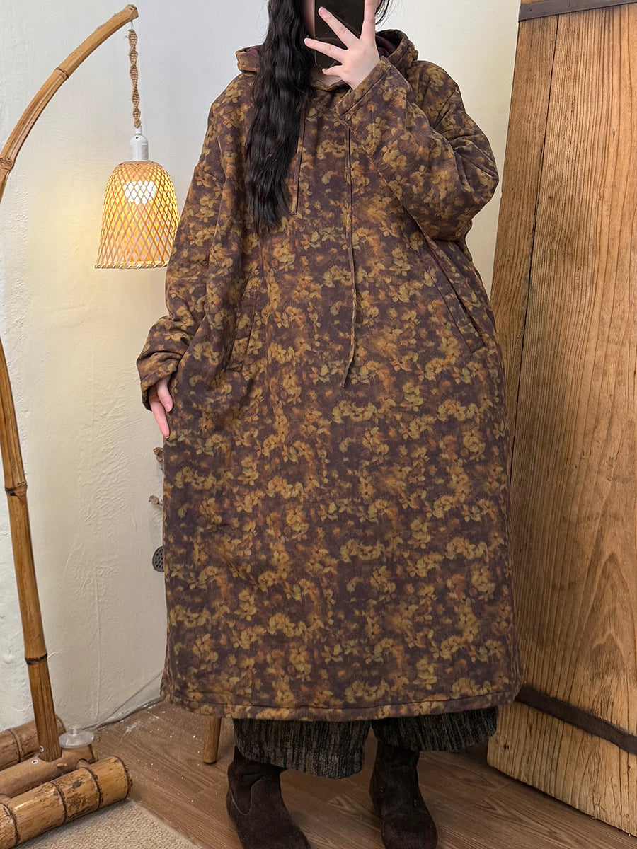 Women Autumn Vintage Flower Hooded Padded Dress