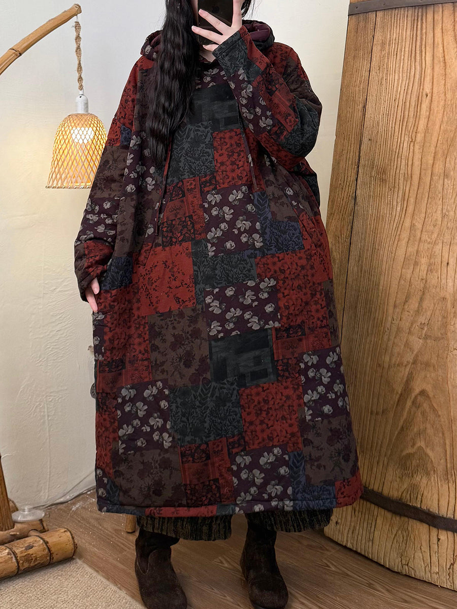 Women Autumn Vintage Flower Hooded Padded Dress
