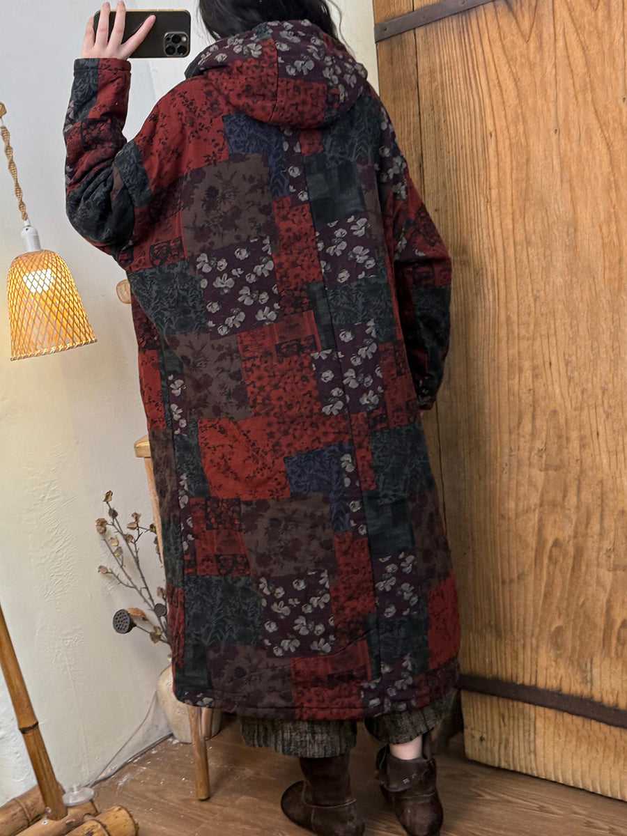 Women Autumn Vintage Flower Hooded Padded Dress