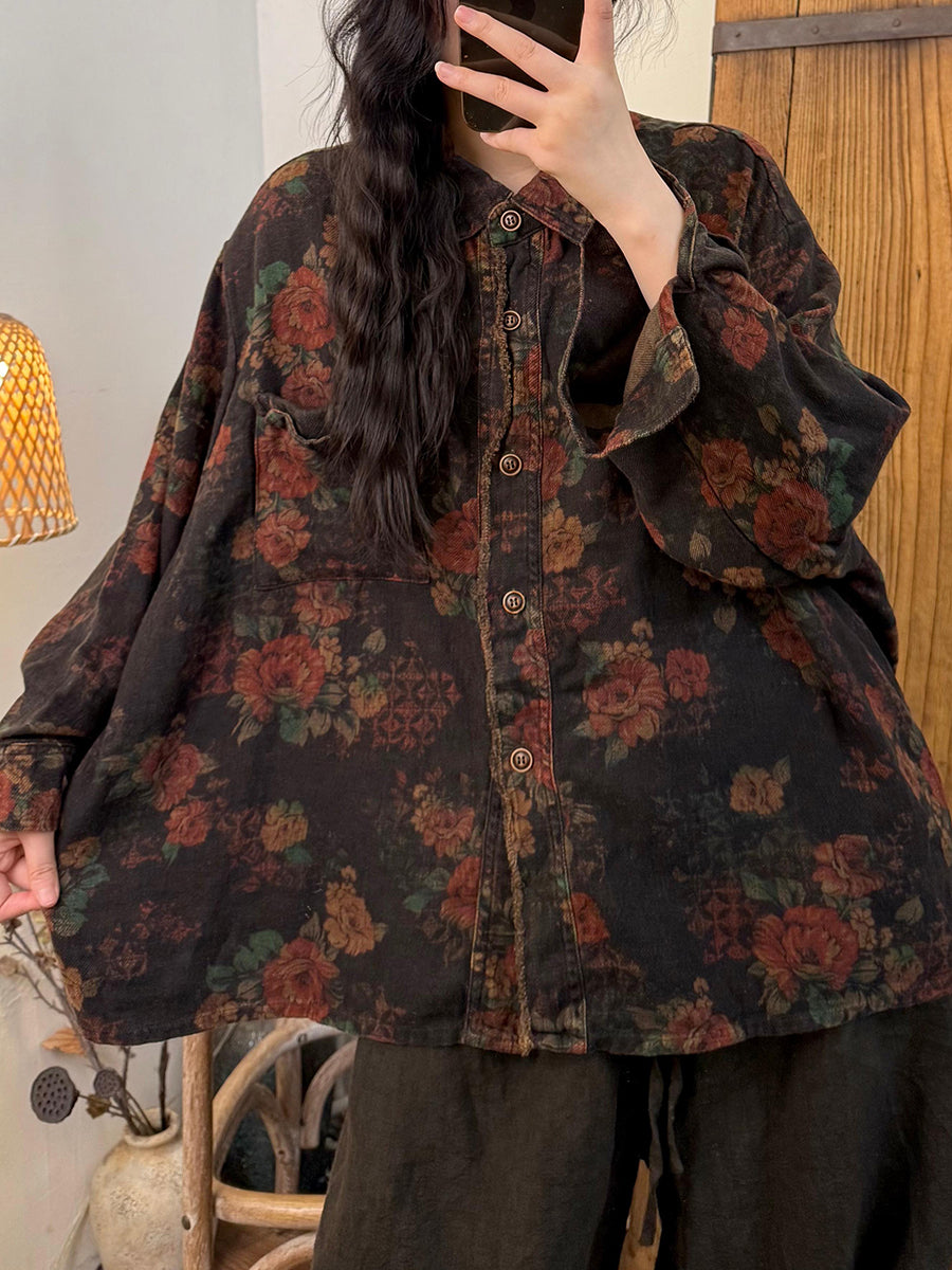 Women Autumn Retro Flower Linen Turn-down Collar Shirt