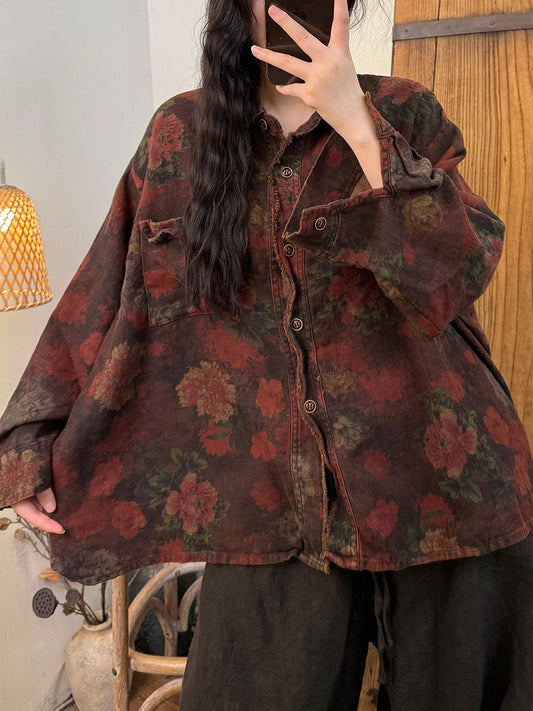 Women Autumn Retro Flower Linen Turn-down Collar Shirt