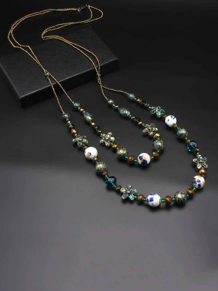 Women Bohemia Bead Ceramic Weave Sweater Necklace