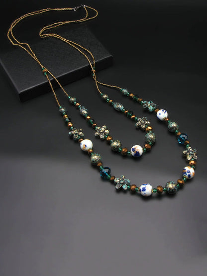 Women Bohemia Bead Ceramic Weave Sweater Necklace