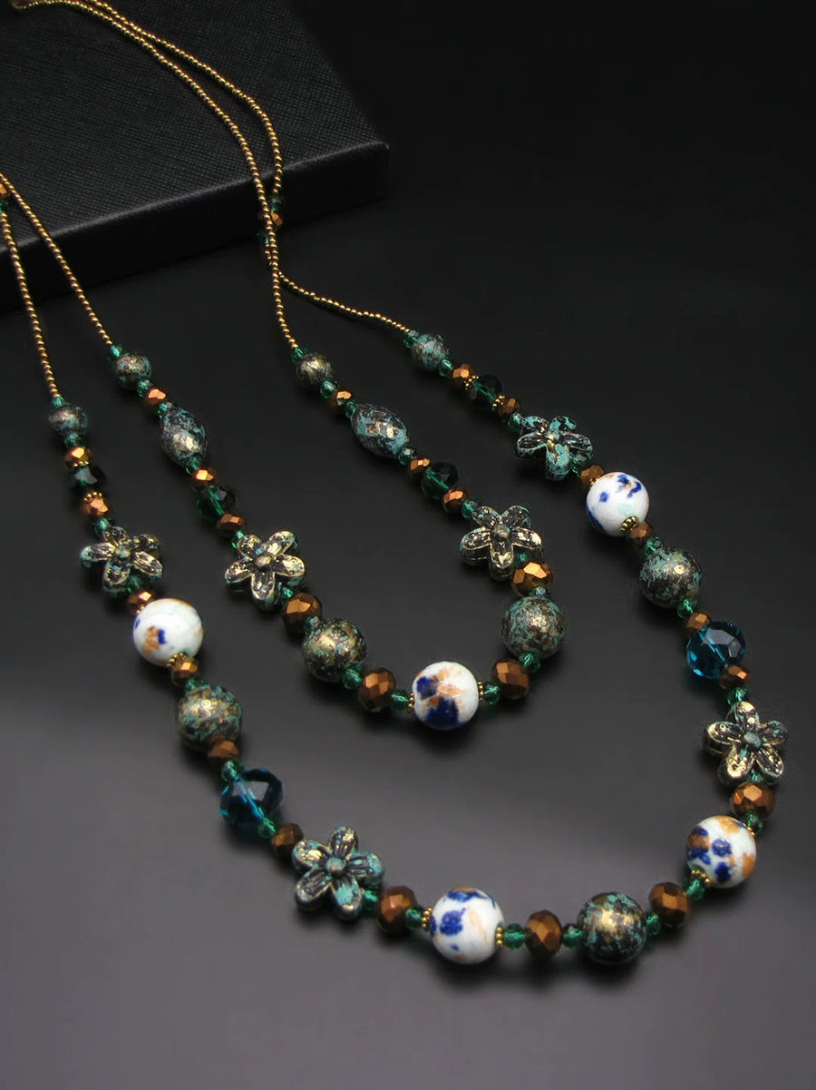 Women Bohemia Bead Ceramic Weave Sweater Necklace