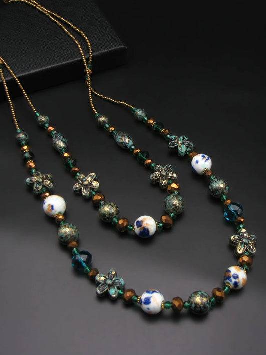 Women Bohemia Bead Ceramic Weave Sweater Necklace