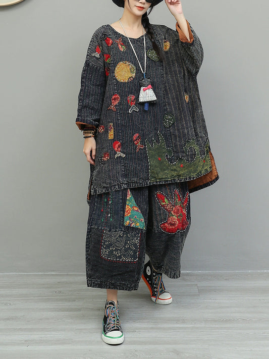 Women Autumn Retro Patchwork Cotton Suits