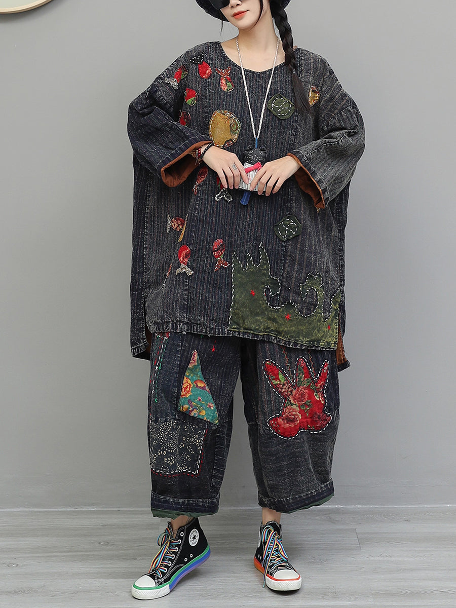 Women Autumn Retro Patchwork Cotton Suits