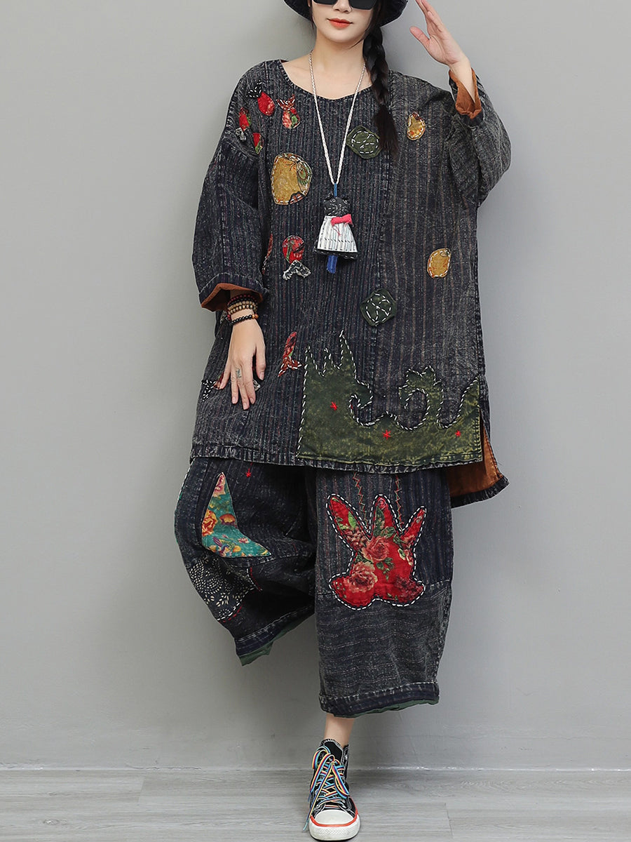 Women Autumn Retro Patchwork Cotton Suits
