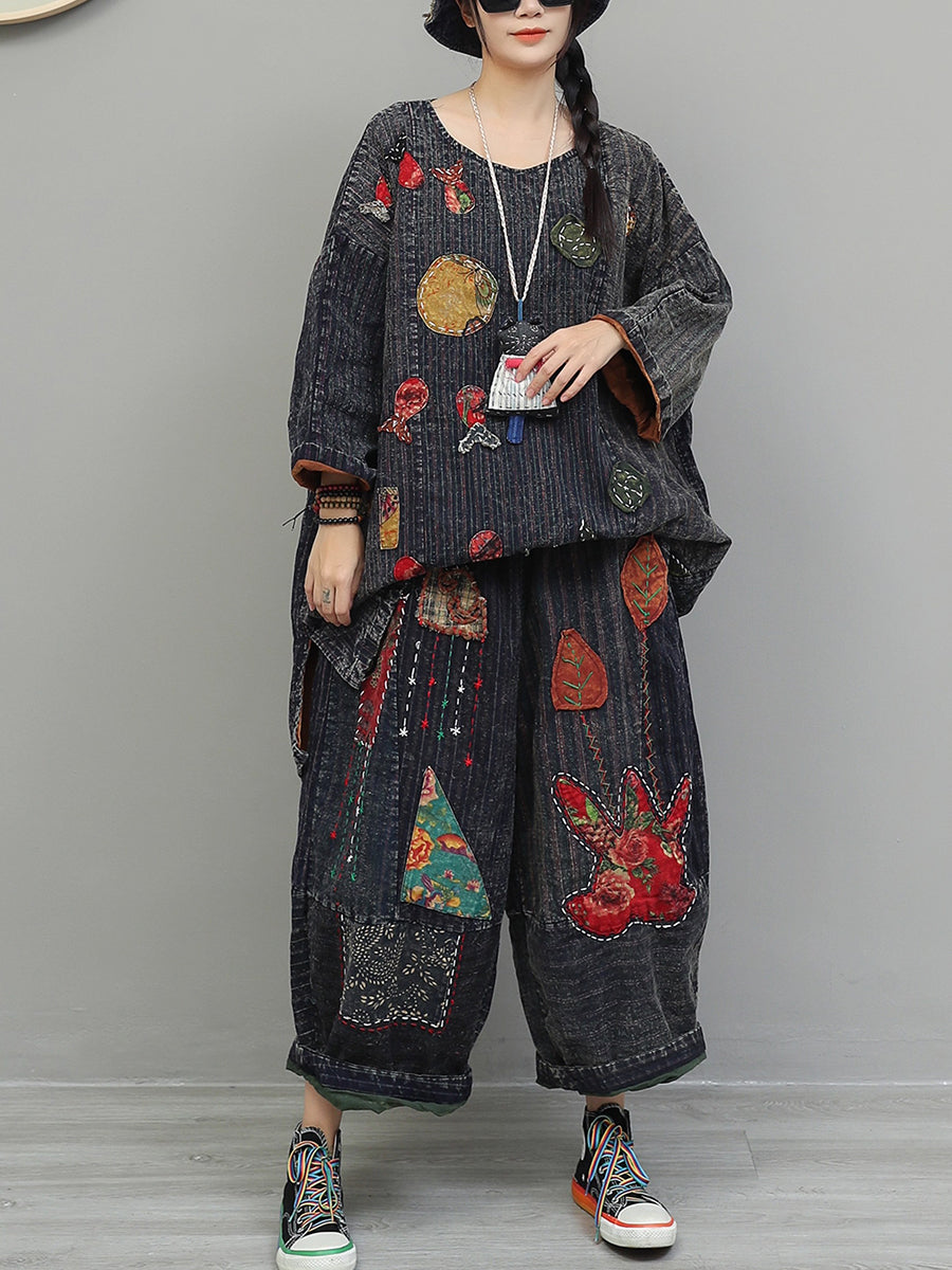Women Autumn Retro Patchwork Cotton Suits
