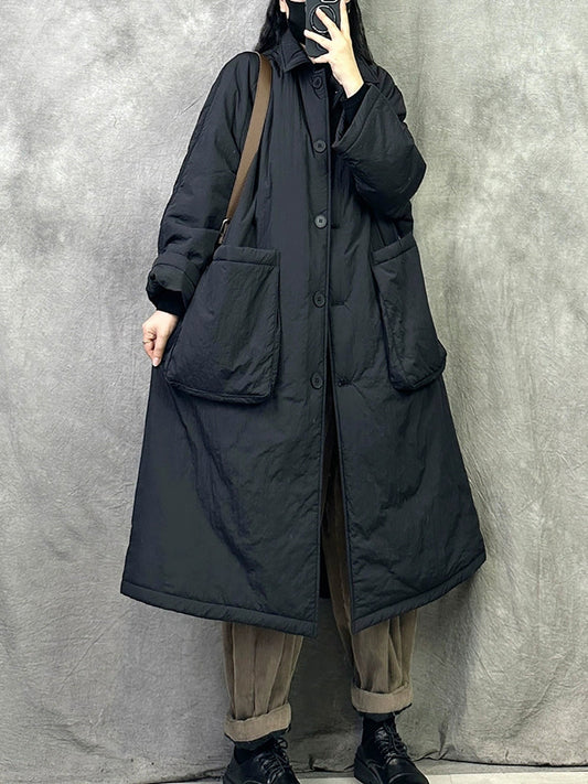 Women Winter Casual Pure Color Cotton Padded Long Coat