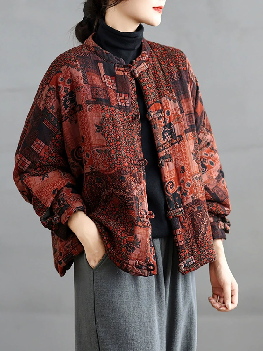 Women Retro Autumn Patchwork Stand Collar Cotton Padded Jacket