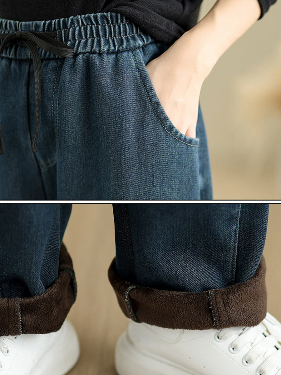 Women Autumn Retro Fleece-lined Denim Straight Pants