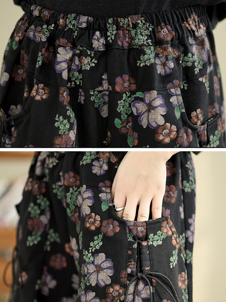 Women Autumn Artsy Flower Denim Wide-leg Pants