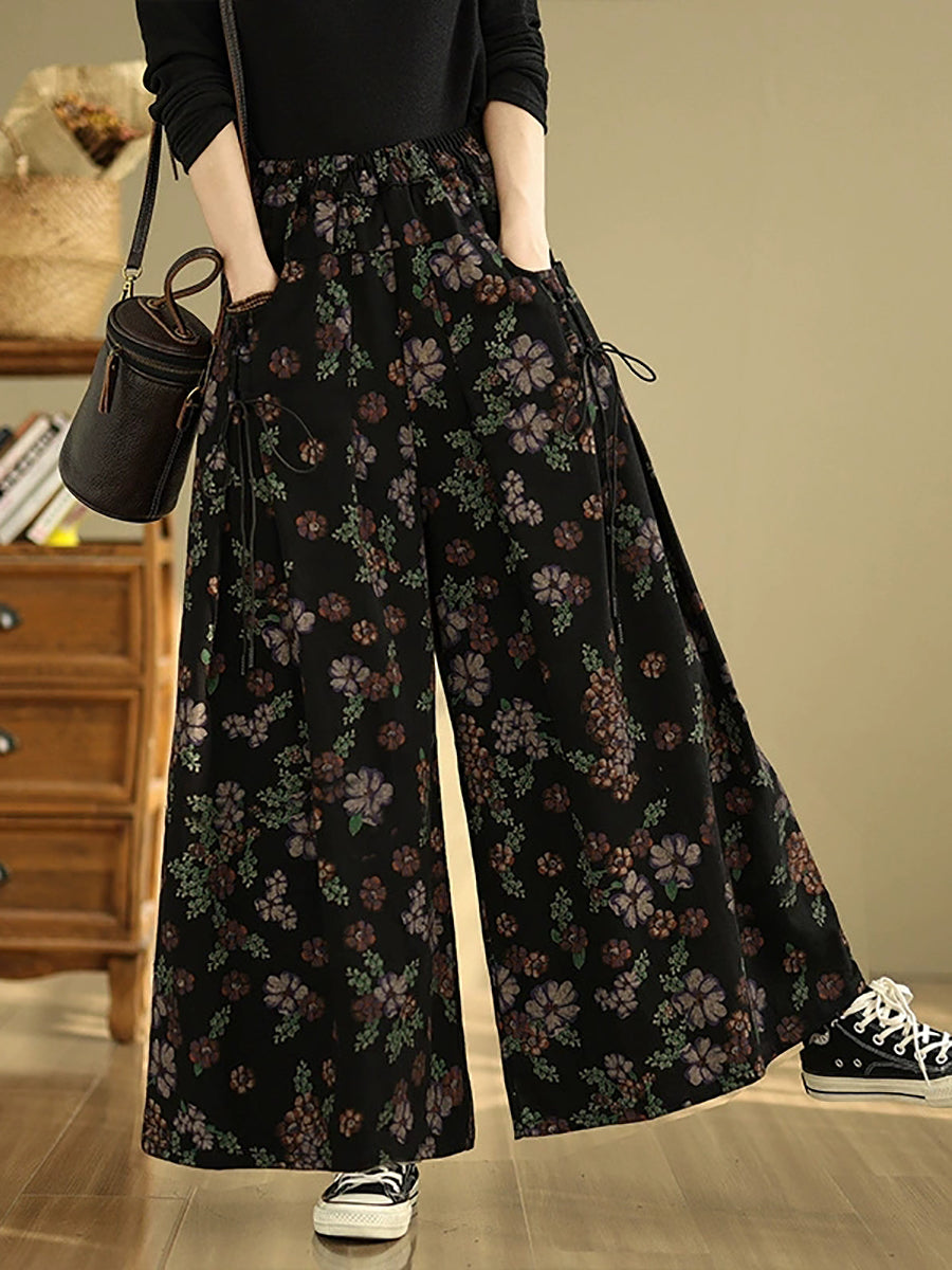 Women Autumn Artsy Flower Denim Wide-leg Pants