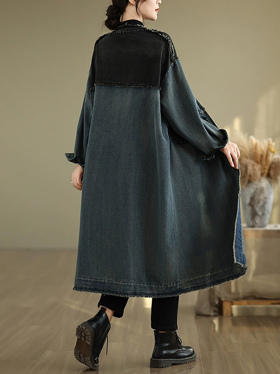 Women Winter Retro Denim Spliced V-Neck Coat
