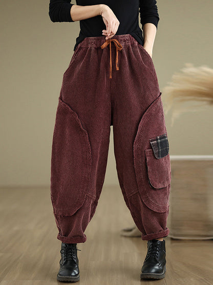 Women Autumn Retro Pure Color Corduroy Harem Pants