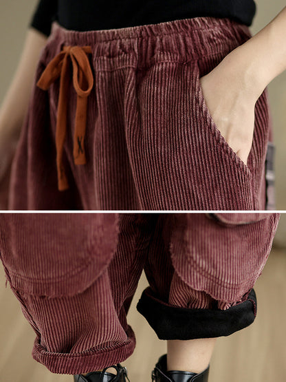 Women Autumn Retro Pure Color Corduroy Harem Pants