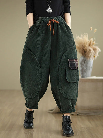 Women Autumn Retro Pure Color Corduroy Harem Pants