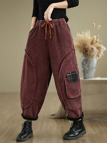 Women Autumn Retro Pure Color Corduroy Harem Pants