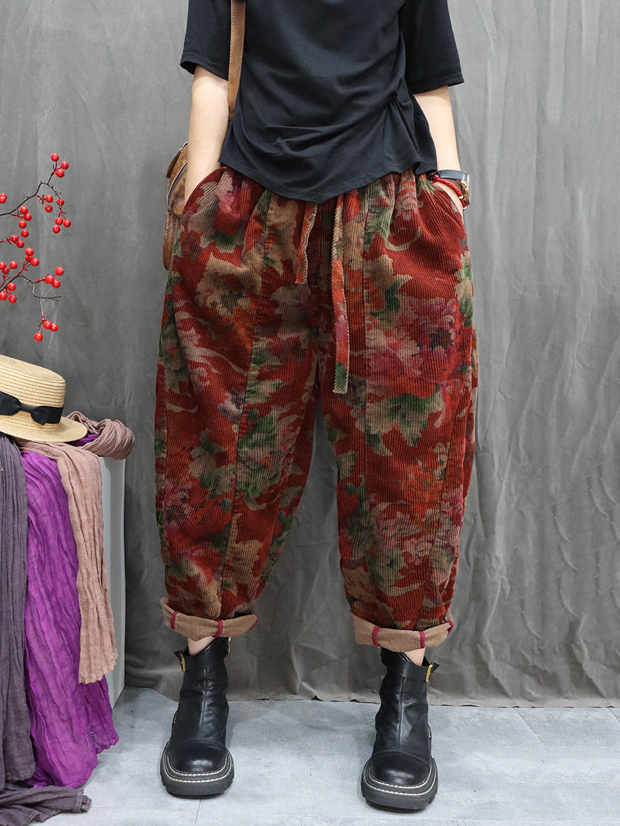 Women Winter Retro Flower Corduroy Harem Pants