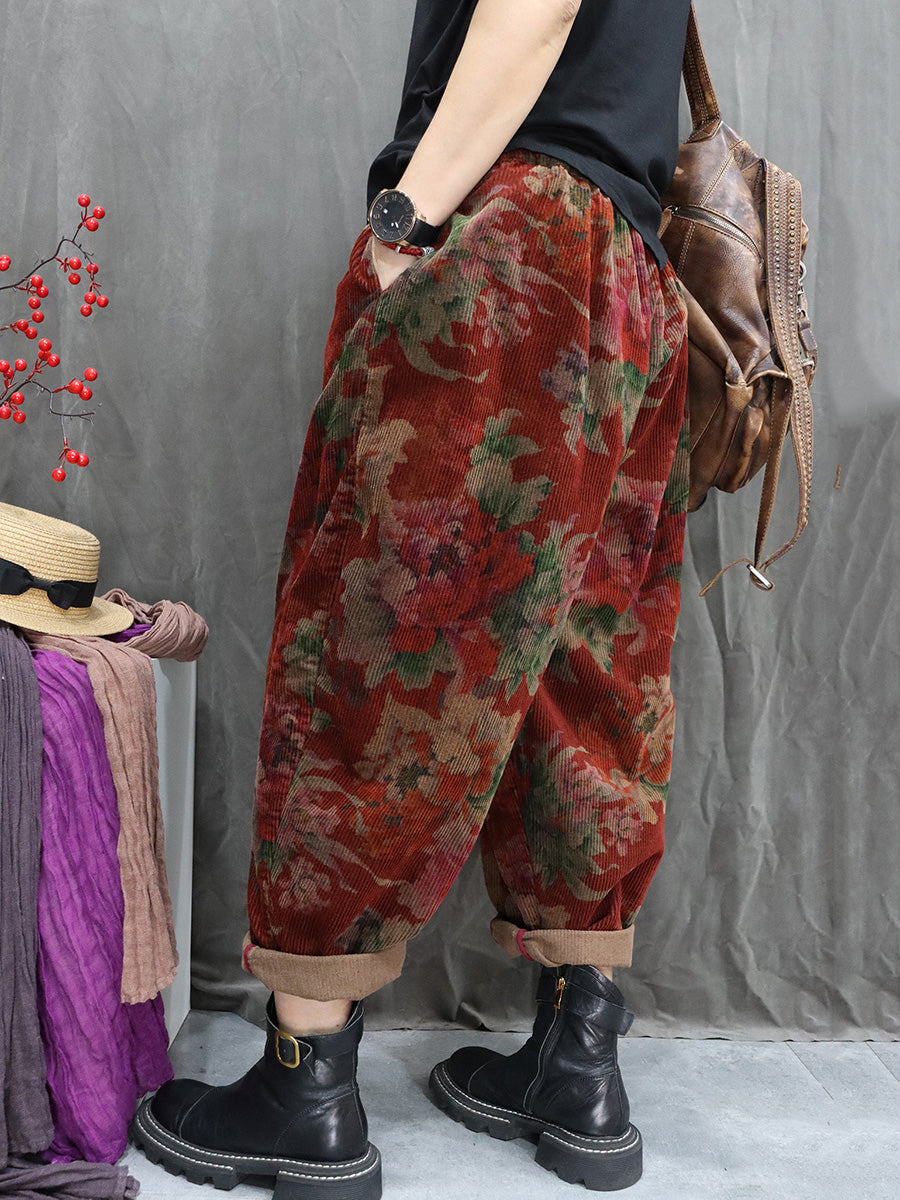 Women Winter Retro Flower Corduroy Harem Pants