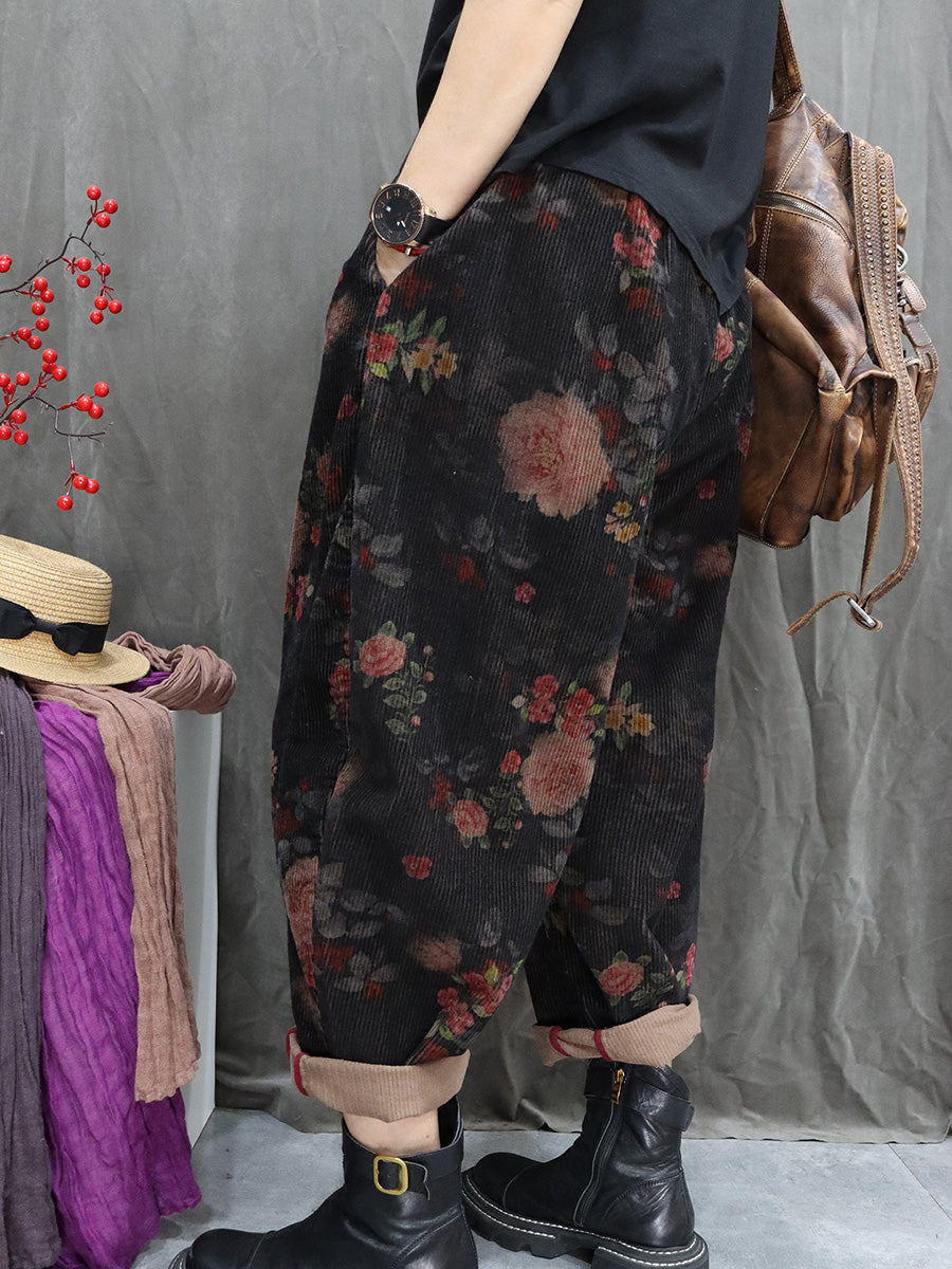 Women Winter Retro Flower Corduroy Harem Pants