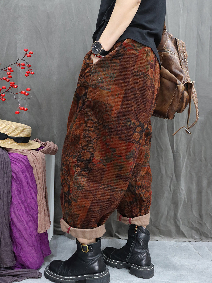 Women Winter Retro Flower Corduroy Harem Pants