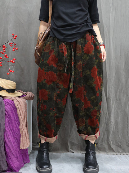 Women Winter Retro Flower Corduroy Harem Pants