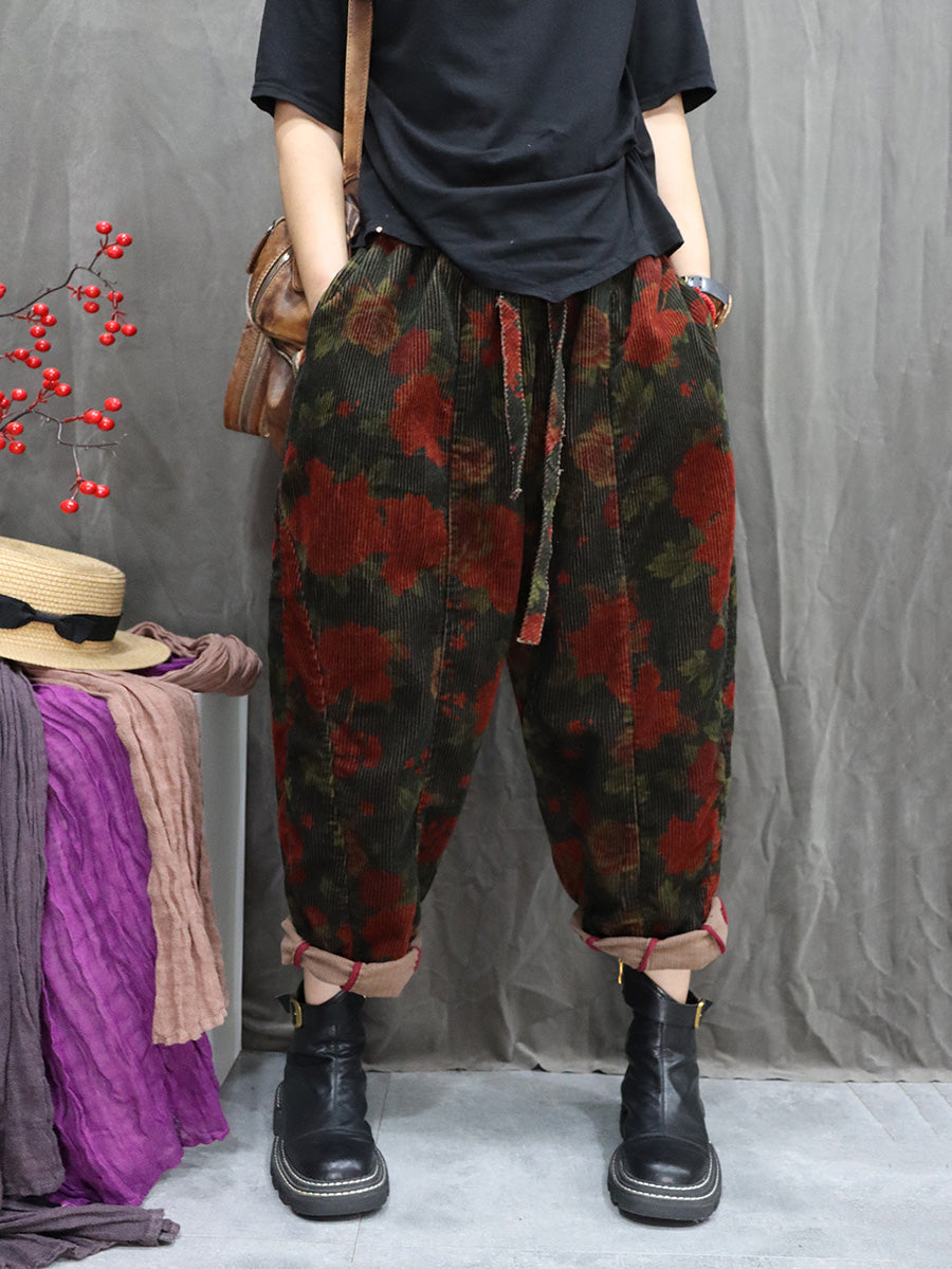 Women Winter Retro Flower Corduroy Harem Pants