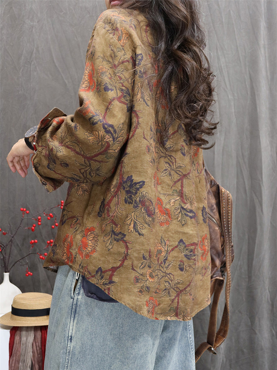 Women Autumn Flower 100%Linen Turn-down Collar Shirt