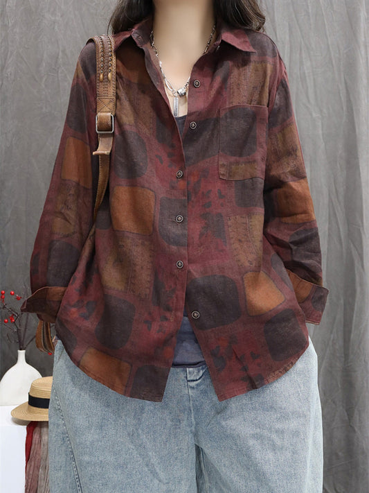 Women Autumn Flower 100%Linen Turn-down Collar Shirt