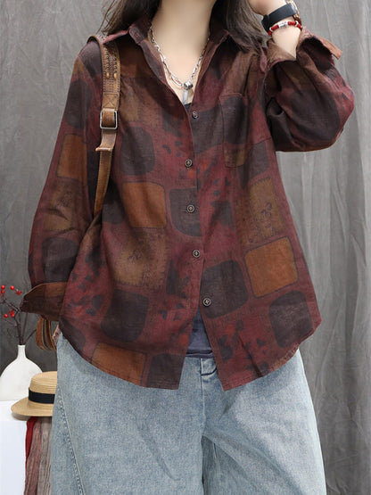Women Autumn Flower 100%Linen Turn-down Collar Shirt