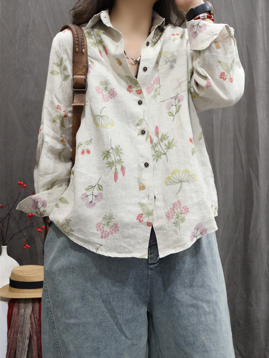 Women Autumn Flower 100%Linen Turn-down Collar Shirt