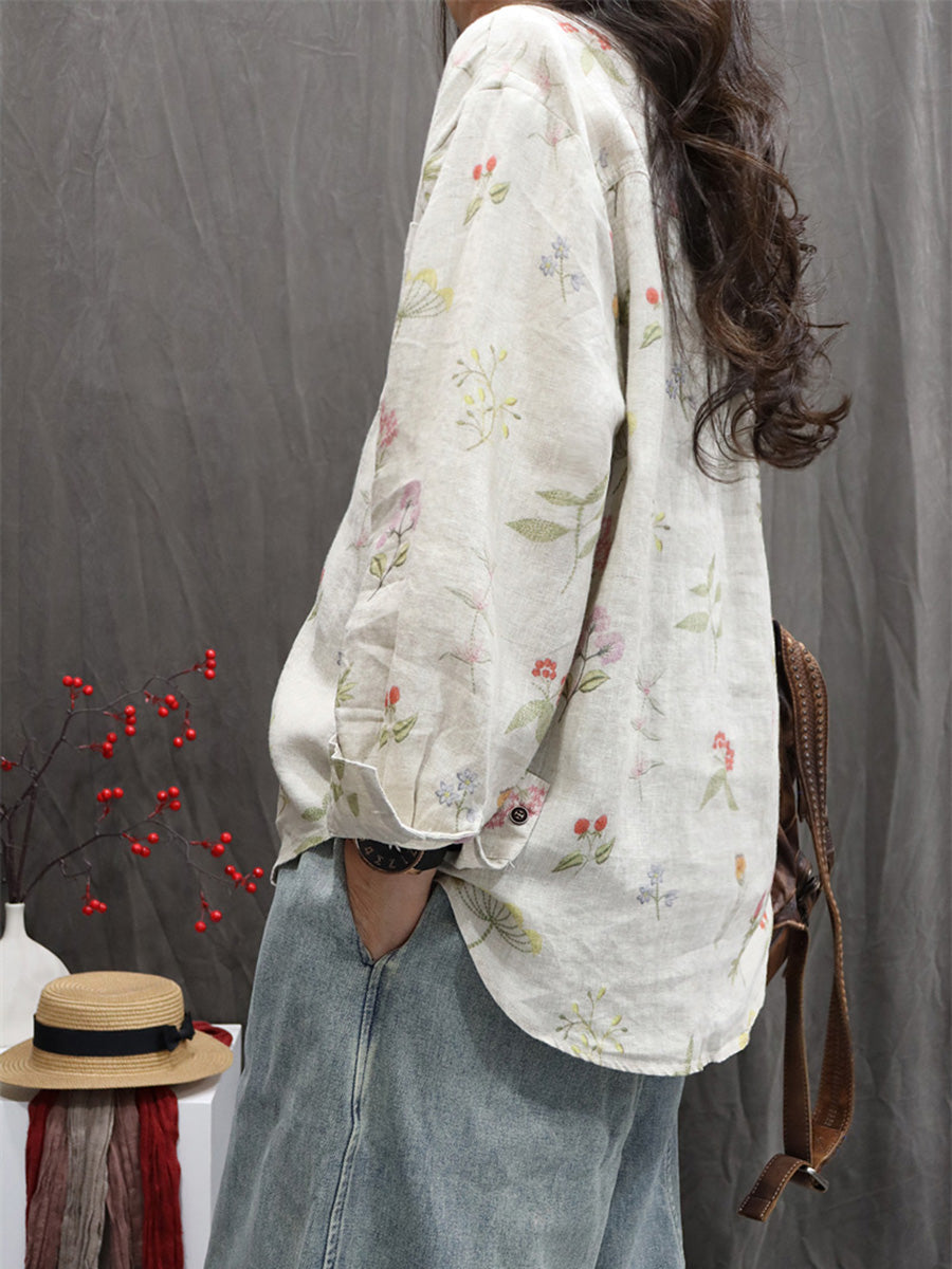 Women Autumn Flower 100%Linen Turn-down Collar Shirt