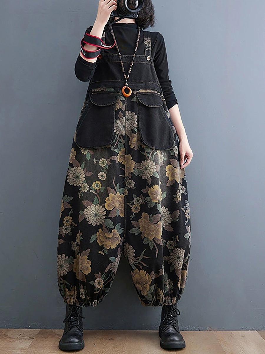 Women Autumn Retro Flower Denim Harem Jumpsuits