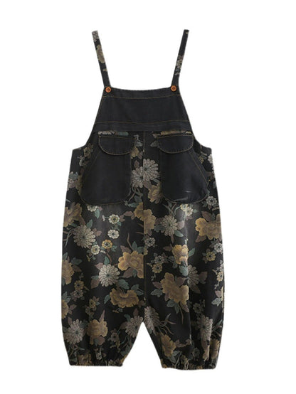 Women Autumn Retro Flower Denim Harem Jumpsuits