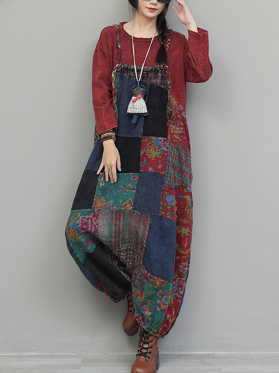 Women Vintage Patchwork Cotton Loose Jumpsuits