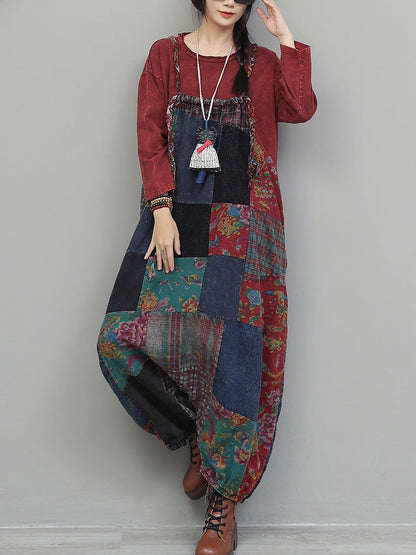 Women Vintage Patchwork Cotton Loose Jumpsuits