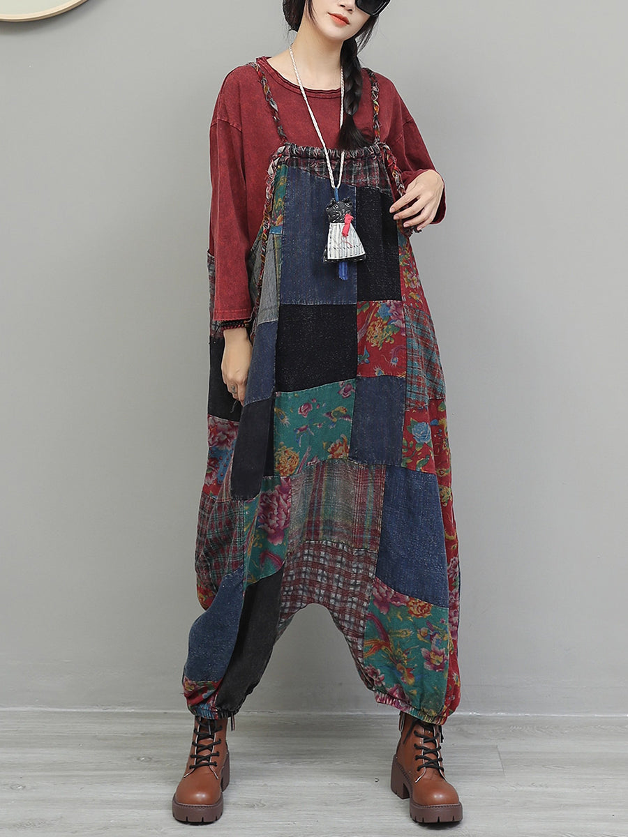 Women Vintage Patchwork Cotton Loose Jumpsuits