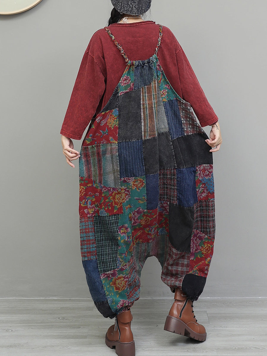 Women Vintage Patchwork Cotton Loose Jumpsuits