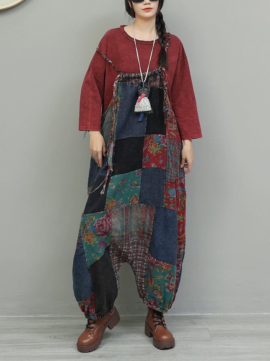 Women Vintage Patchwork Cotton Loose Jumpsuits