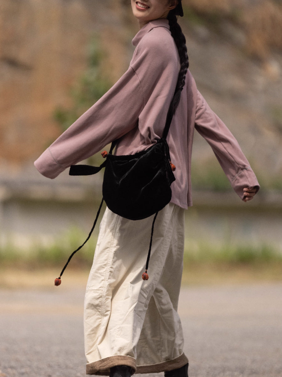 Women Autumn Retro Pure Color Turtleneck Blouse