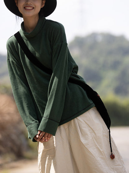 Women Autumn Retro Pure Color Turtleneck Blouse