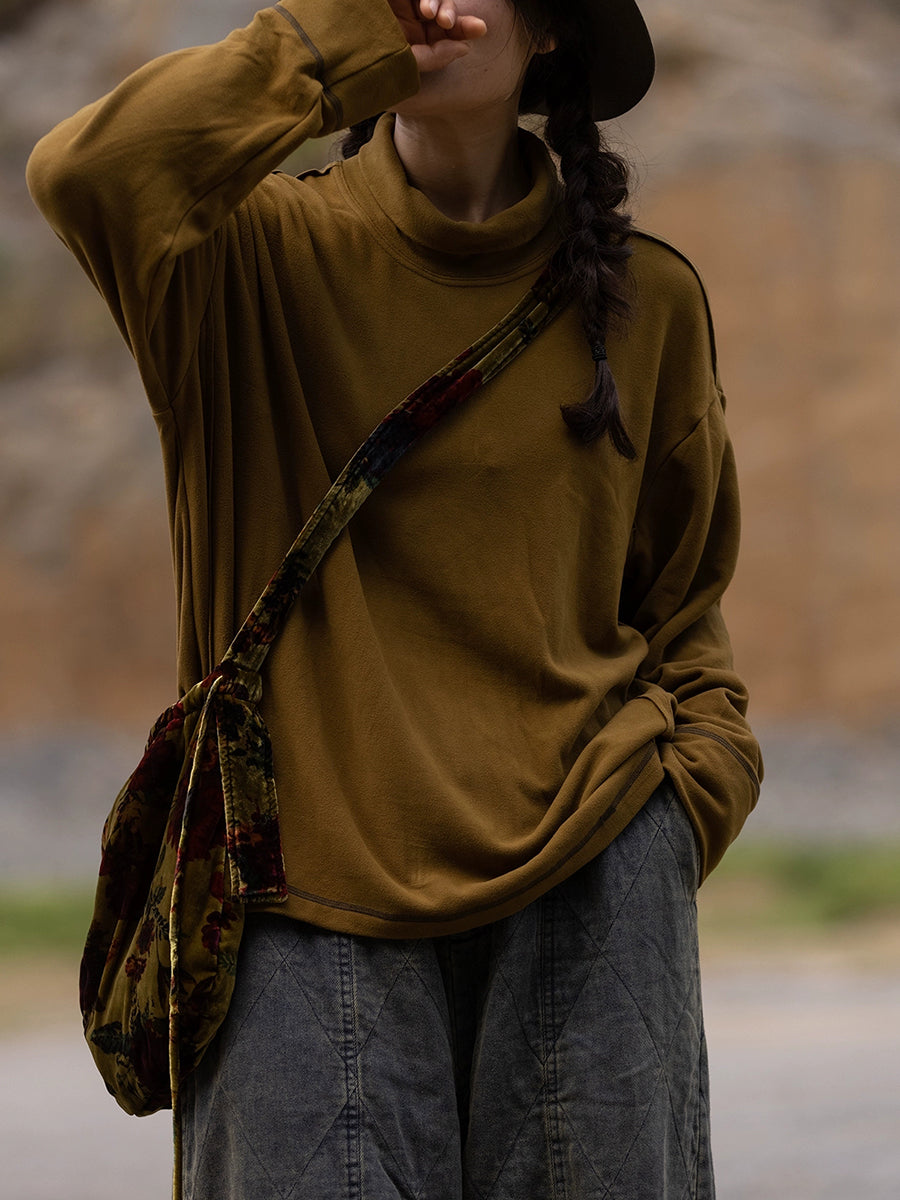 Women Autumn Retro Pure Color Turtleneck Blouse