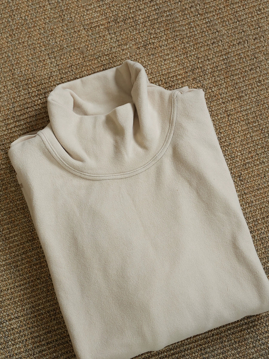 Women Autumn Retro Pure Color Turtleneck Blouse