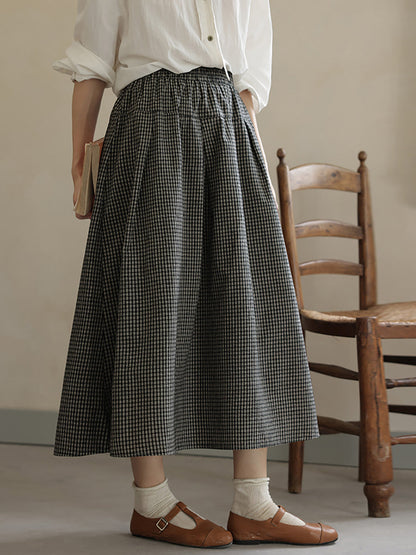 Women Autumn Vintage Lattice A-Shape 100%Cotton Skirt