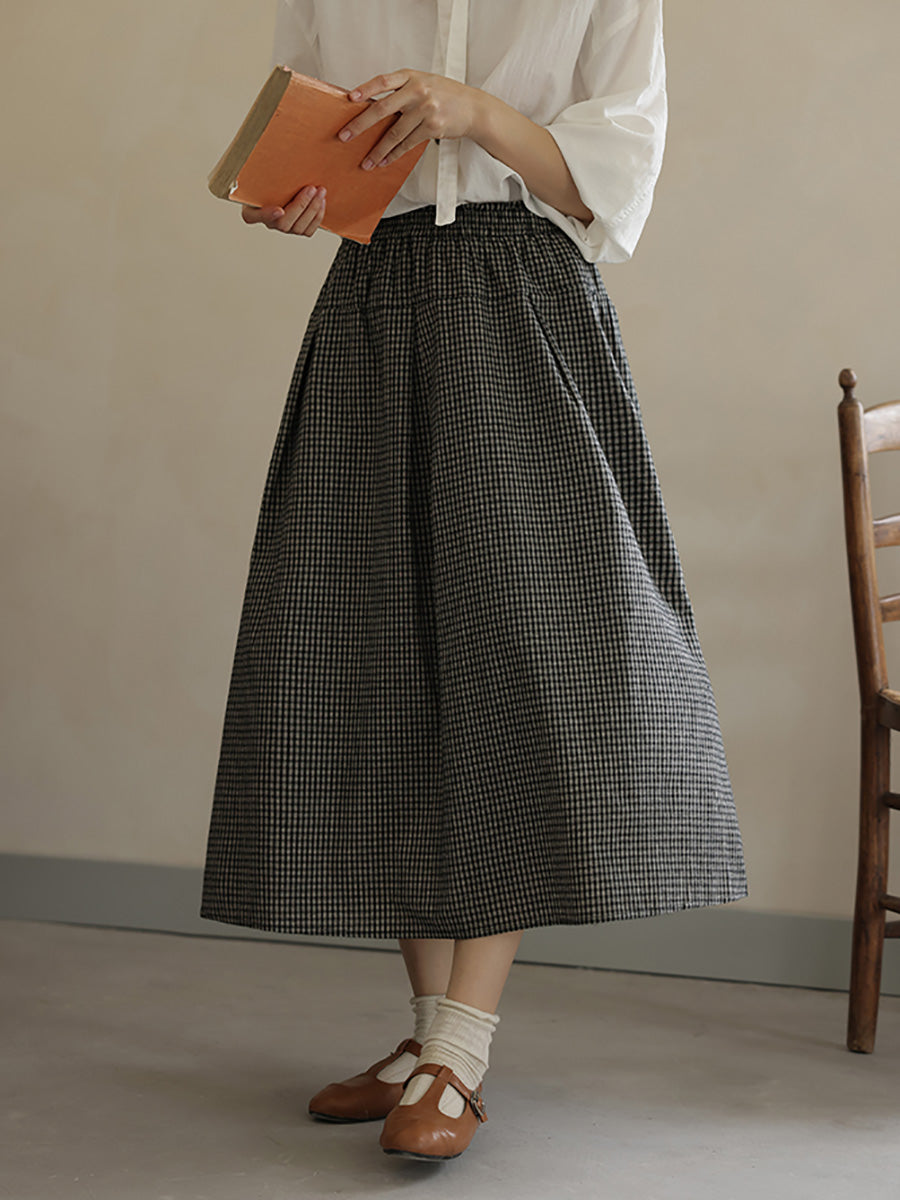 Women Autumn Vintage Lattice A-Shape 100%Cotton Skirt