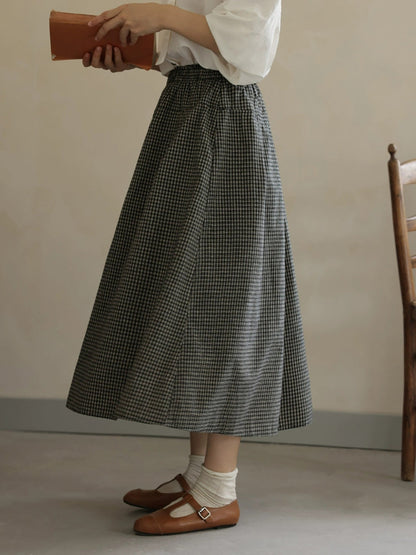 Women Autumn Vintage Lattice A-Shape 100%Cotton Skirt