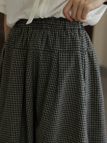 Women Autumn Vintage Lattice A-Shape 100%Cotton Skirt
