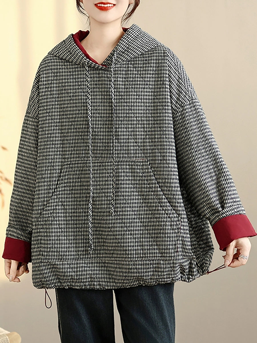 Women Casual Autumn Plaid Cotton Padded Hooded Coat